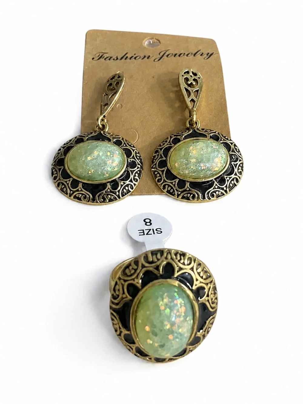 Fashion Jewelry Green Opal Glass Cabochon Ring and Dangle Earrings Set